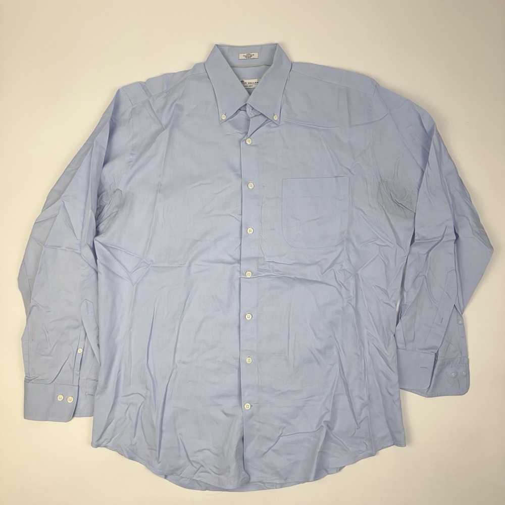 Mens Peter Millar Crown Soft Blue Cotton Silk Button-Up Dress Shirt Size Large